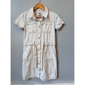 Levi's Girls Utility Denim Dress Short Belted Cream Off White Size L 12-13